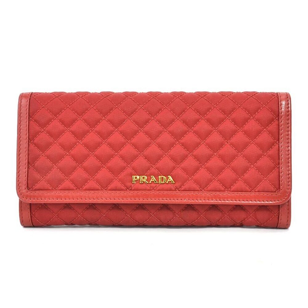 Prada Bi fold long wallet quilted leather red gold